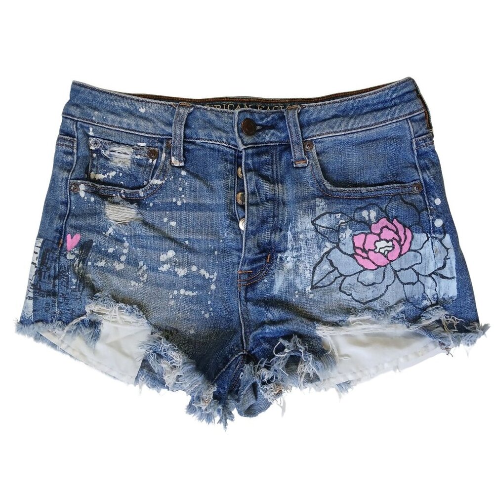 American Eagle Hi-Rise Festival Shorts 4 Distressed Floral Paint Splatter Y2K